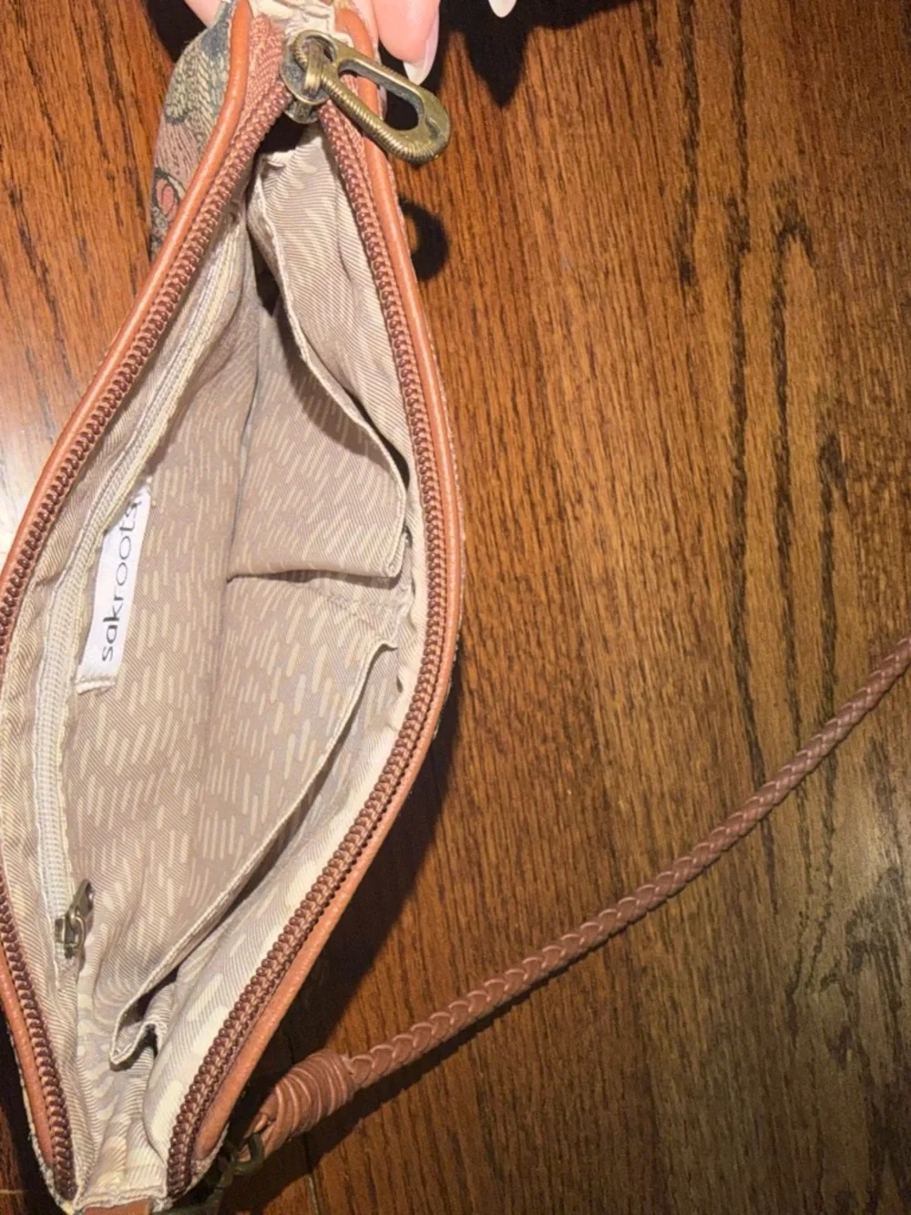 Sakroots Brown Floral Canvas Wristlet with Pink & Cream Accents